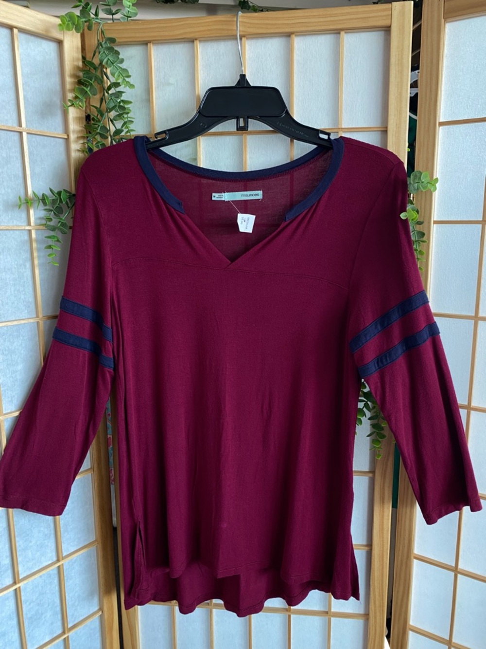 Maurices Burgundy Long Sleeve V-Neck Top with Navy Trim